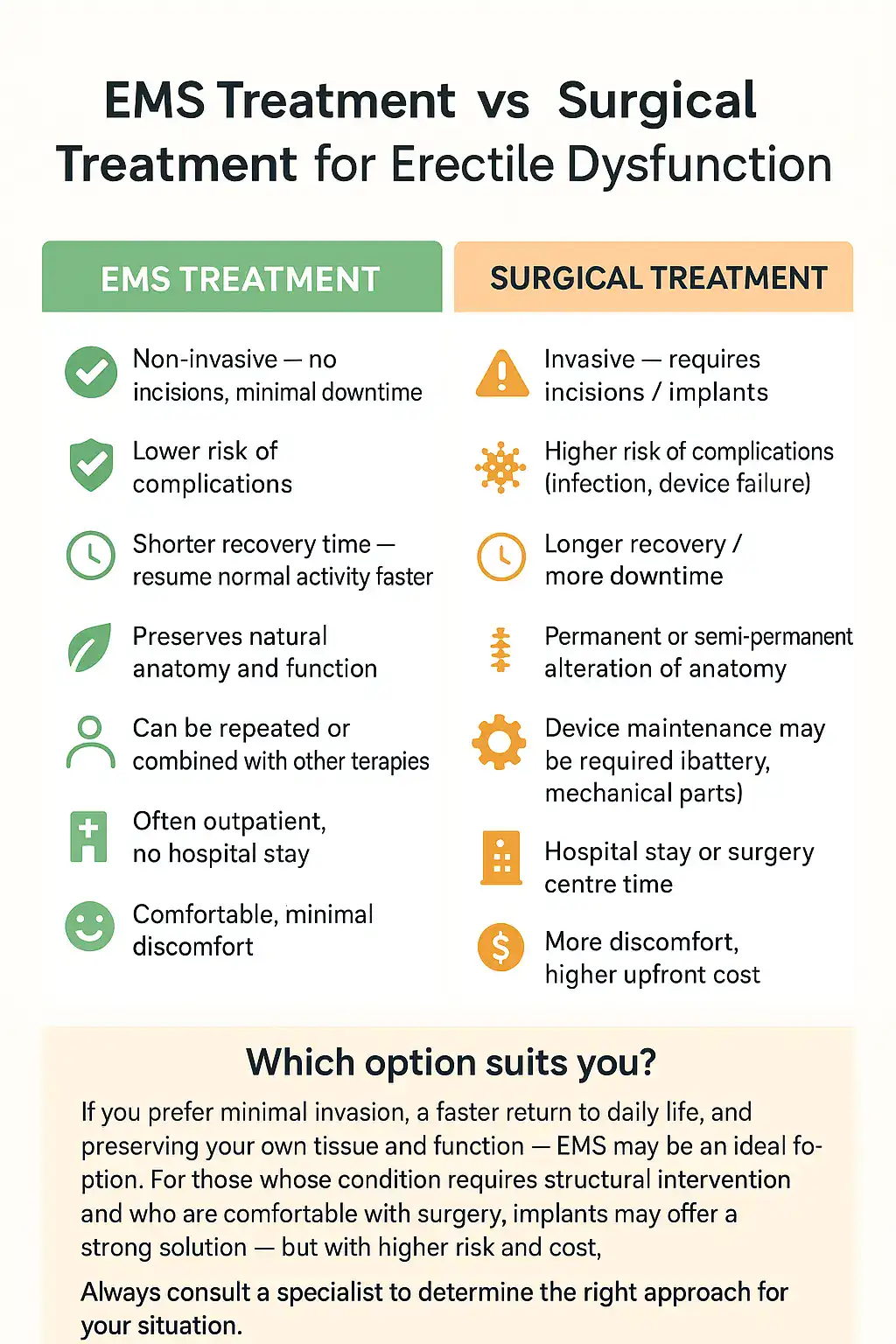 A table showing the benefits of EMS chair for erectile dysfunction treatment UK compared to surgery.
