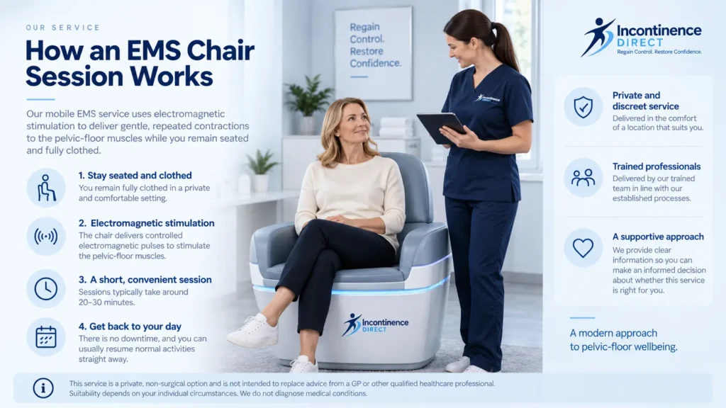 Illustration showing an EMS chair session at Incontinence Direct UK