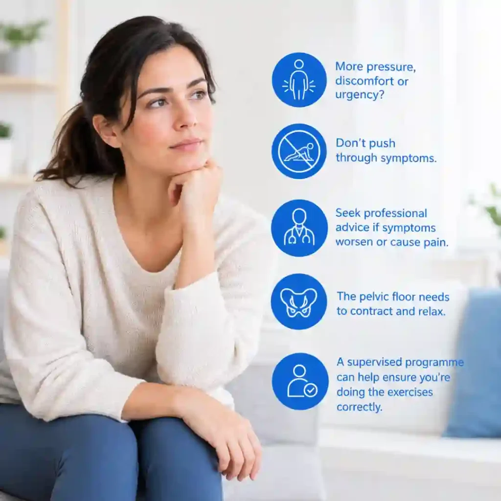 Pelvic-floor exercises UK involve controlled contraction and relaxation. Persistent pressure, discomfort or urinary urgency may warrant professional assessment.